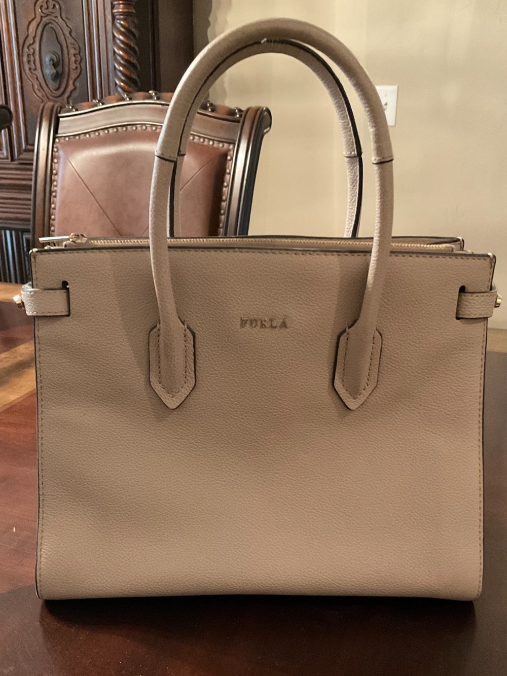 Furla Beige Leather Top-Handle Satchel with Removable Strap